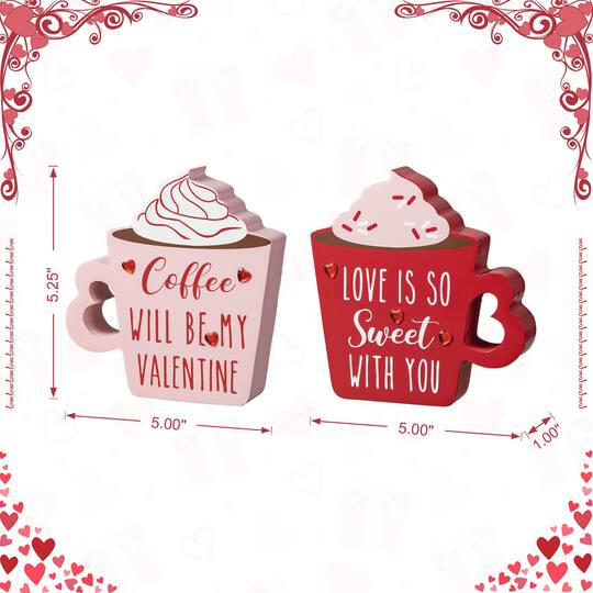 Glitzhome® Wooden Valentine's Coffee Cup Table Décor Set